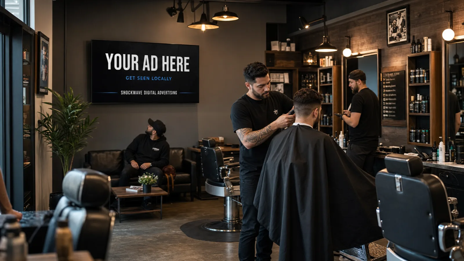 A Shockwave digital advertising screen reading YOUR AD HERE mounted on the wall of a local barbershop, visible across the room to clients and the waiting area