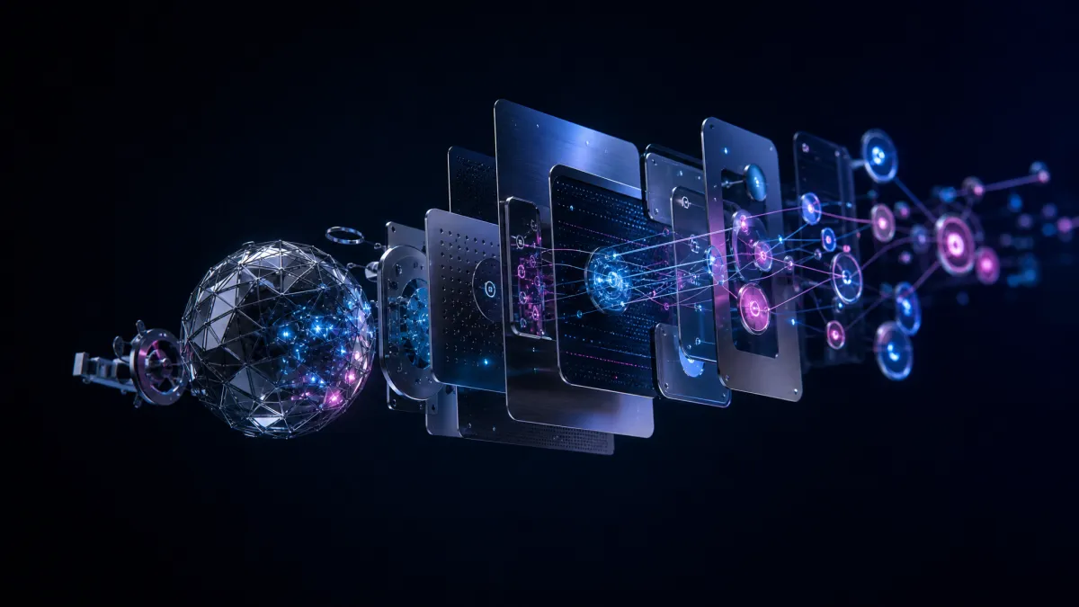 Exploded-view diagram of AI marketing system components — wireframe sphere, layered panels, glowing data nodes connected by light