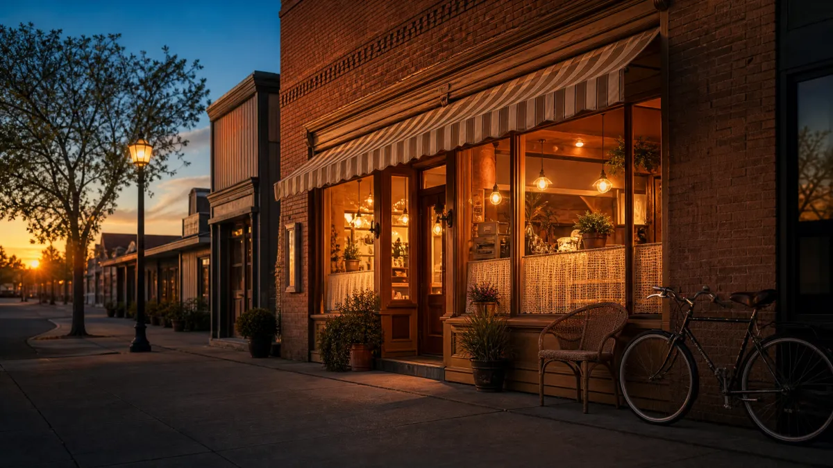 Main-street small-business facade at golden hour — brick storefront with warm window light, bicycle outside, neighboring shops in soft focus