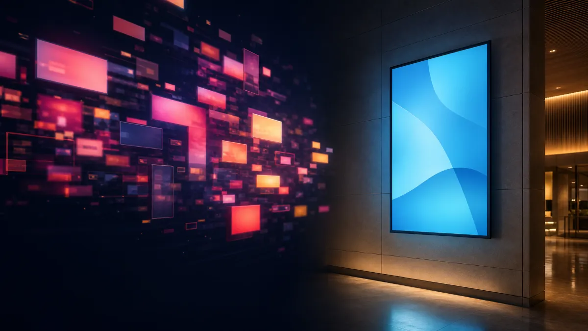 Chaotic warm-toned digital ad rectangles on the left side of frame vs. a single calm cyan-glowing wall-mounted indoor display on the right