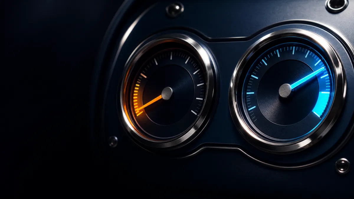 Dual performance gauges on a navy dashboard — amber needle pinned low, cyan needle pinned high